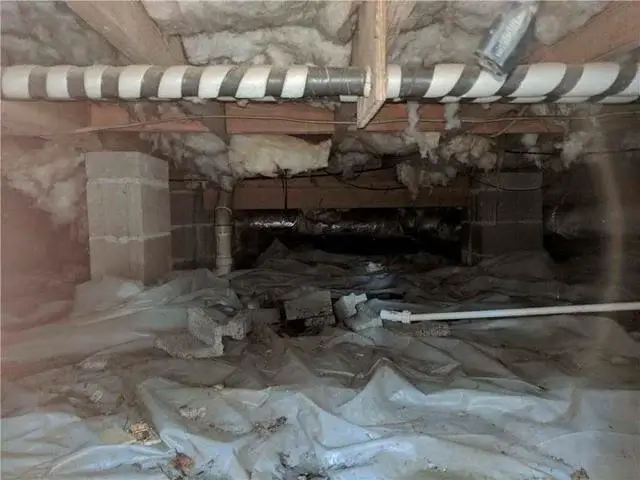Insulation had begun to fall, a warning sign that moisture has started to cause damage around the crawl space.